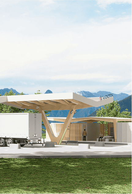 Station de recharge électrique Volt avec structure moderne en plein air.