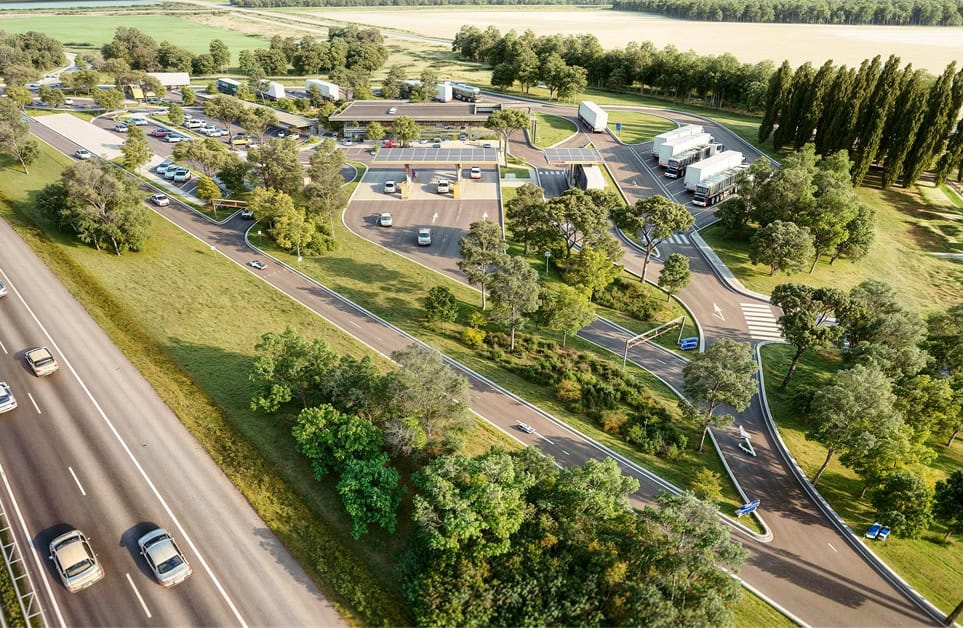 Centre logistique moderne avec zones de stationnement et accès routiers.