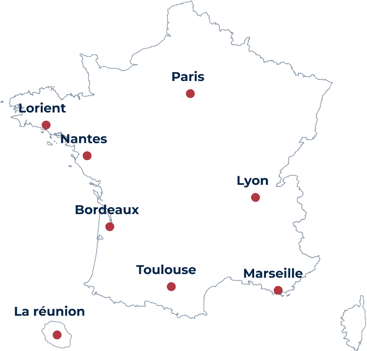 Carte de France avec Paris, Lyon, Marseille, Toulouse, Bordeaux, Nantes, Lorient, La Réunion.